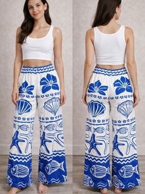 Blue & White Wide-Leg Floral  Palazzo Pants